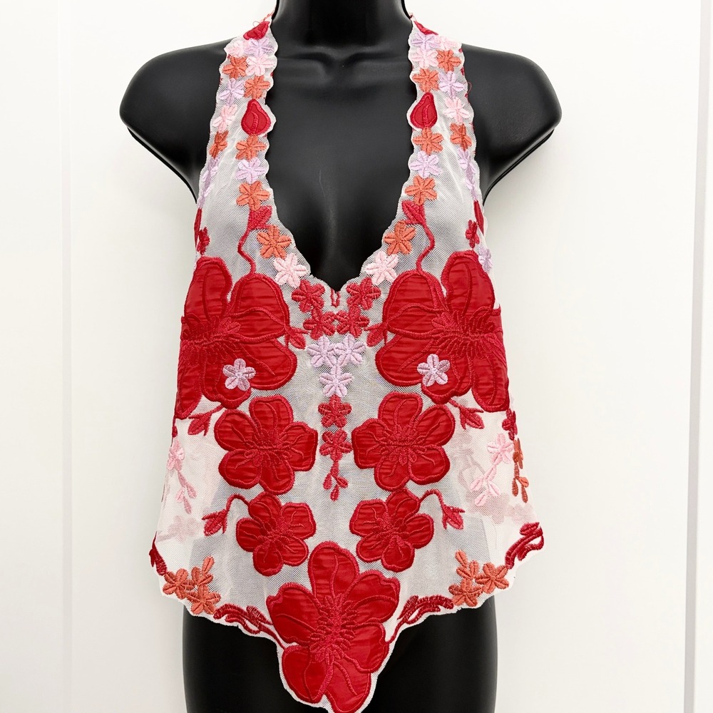Vintage Floral Mesh Halter Top Embroidered Sheer Red Small